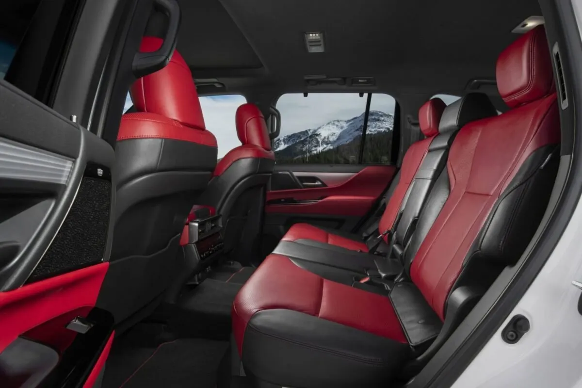 Red and black leather rear seats inside a Lexus LX 600