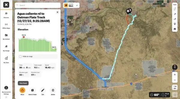 Trail map screenshot of the route to the Oatman Flats track