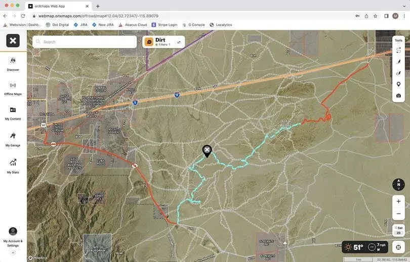 Onx map of the overland route of the Juan Bautista Trail