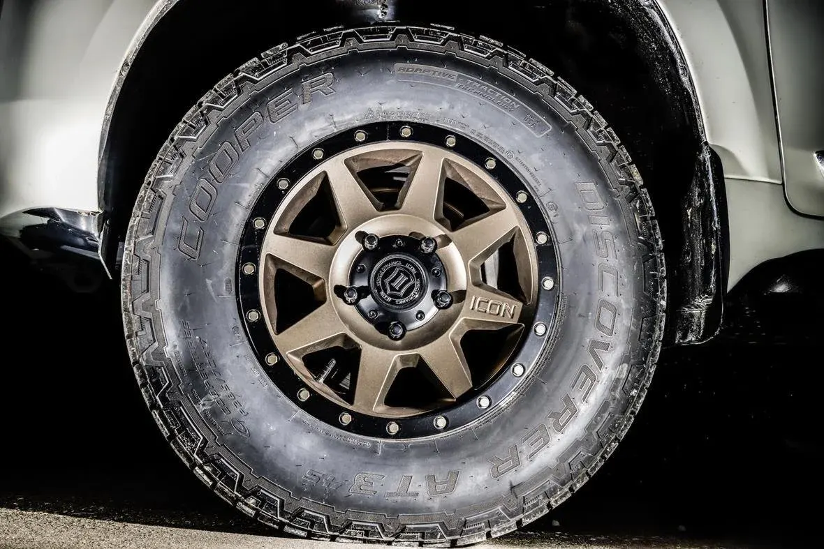 All-terrain tire on a bronze wheel