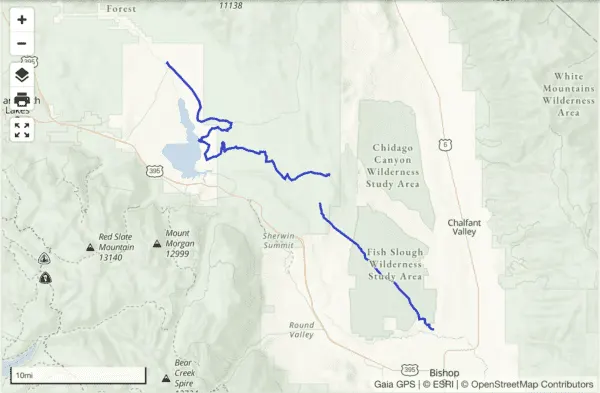 Gaia GPS map of day two of the eastern Sierra overland trip
