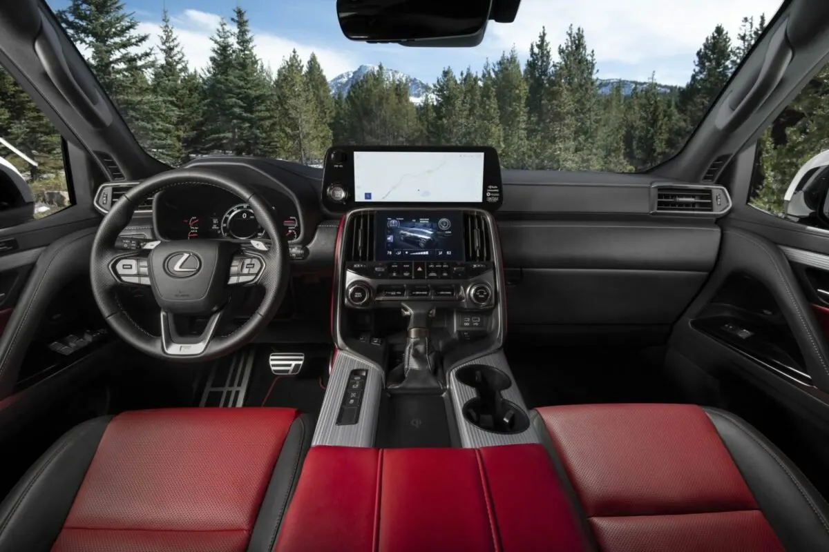 Lexus LX 600 dashboard and red leather front seats