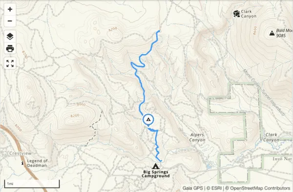 Gaia GPS map of day three of the eastern Sierra overland trip