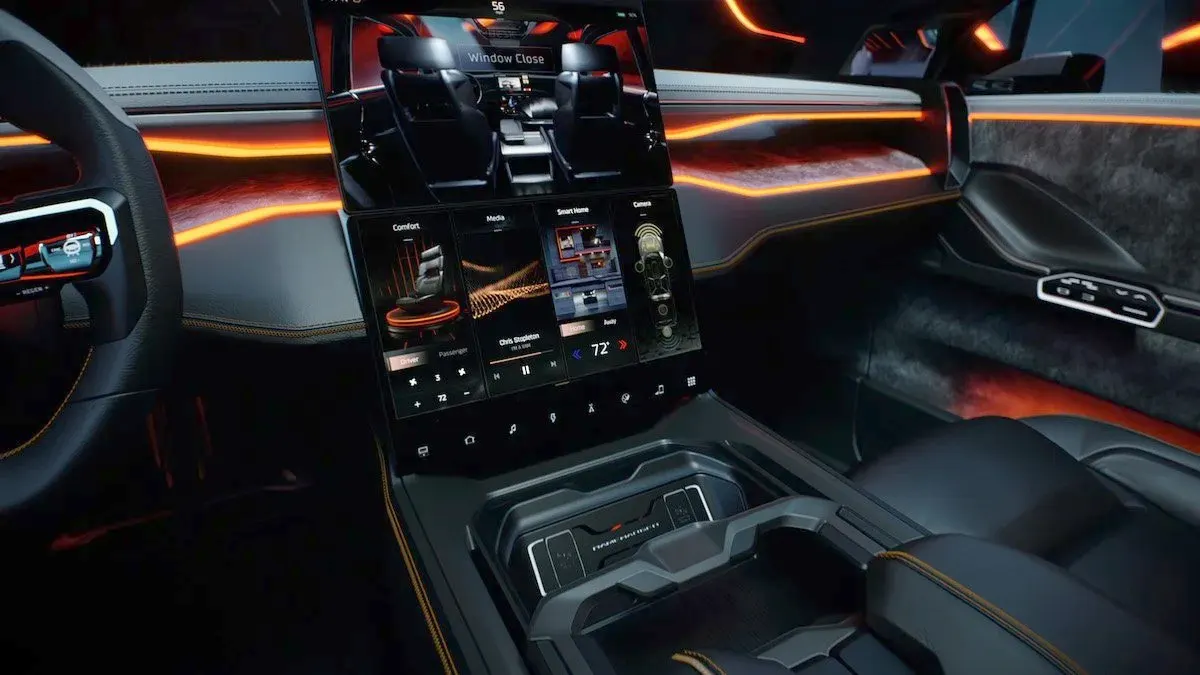 Ram BEV truck interior screens and cup holders