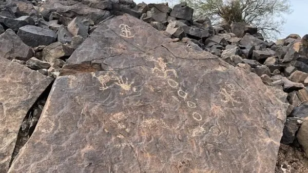 Petroglyphs carved into a desert rock