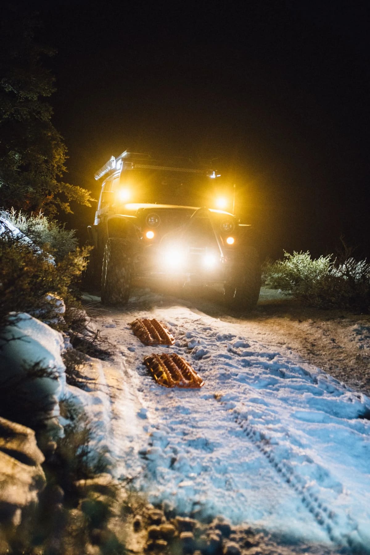 Jeep Wrangler in the Snow at Night Using Maxtrax